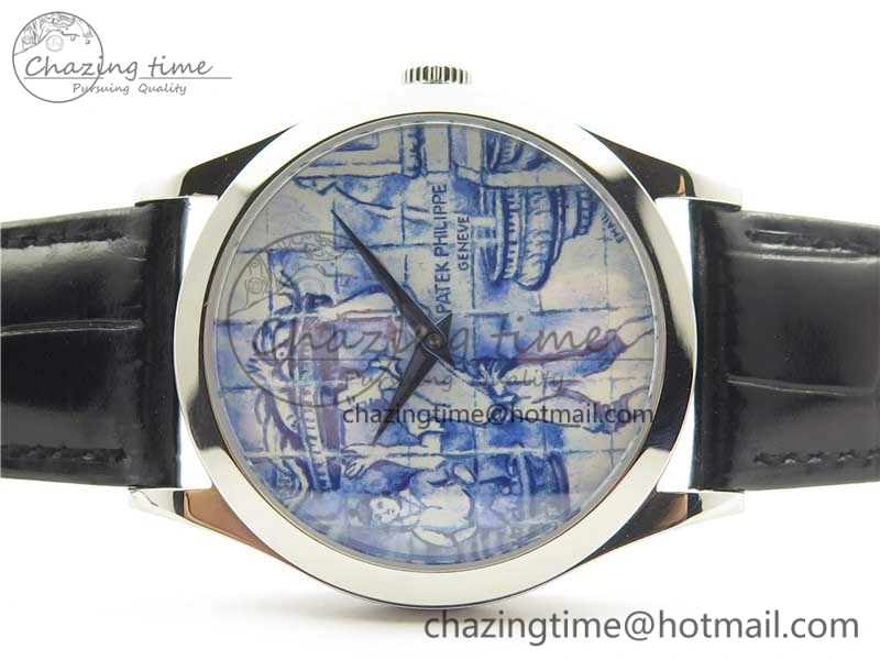 Calatrava Azulejos SS 5089G-61 FL Enamel Dial on Black Leather Strap