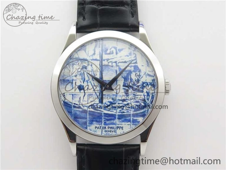 Calatrava Azulejos SS 5089G-62 FL Enamel Dial on Black Leather Strap