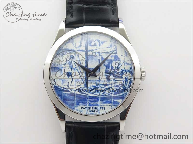 Calatrava Azulejos SS 5089G-62 FL Enamel Dial on Black Leather Strap