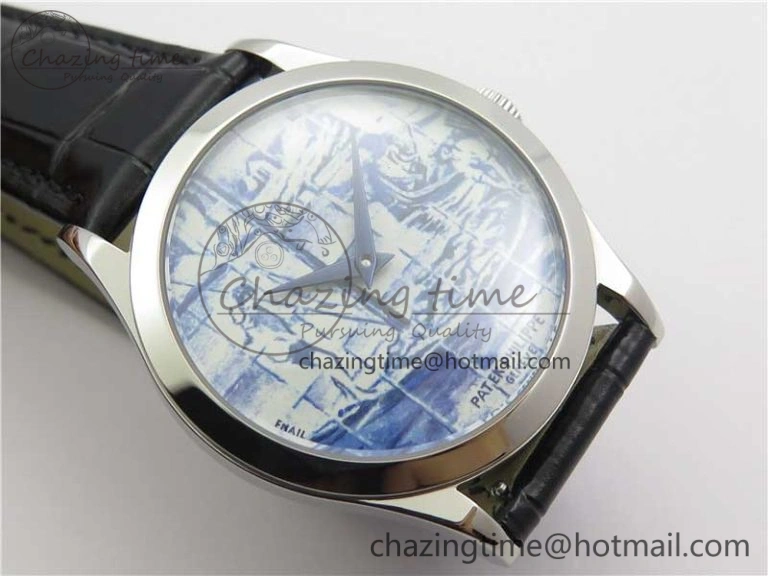 Calatrava Azulejos SS 5089G-62 FL Enamel Dial on Black Leather Strap