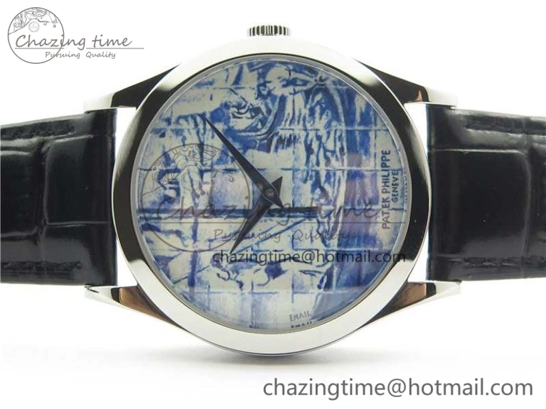 Calatrava Azulejos SS 5089G-62 FL Enamel Dial on Black Leather Strap