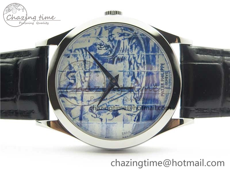 Calatrava Azulejos SS 5089G-62 FL Enamel Dial on Black Leather Strap