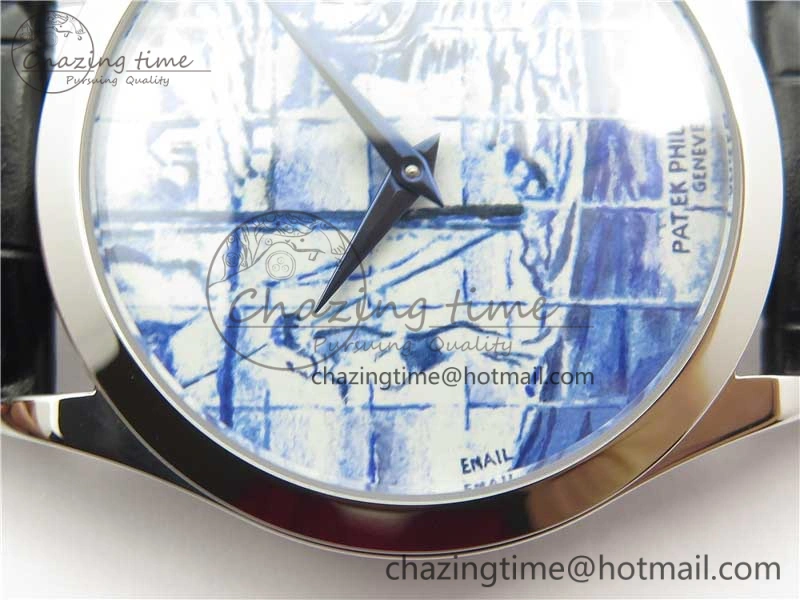 Calatrava Azulejos SS 5089G-62 FL Enamel Dial on Black Leather Strap