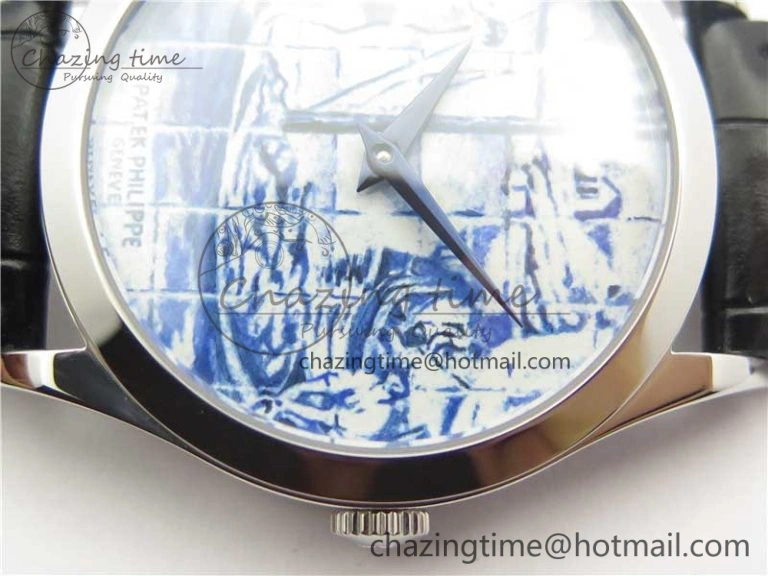 Calatrava Azulejos SS 5089G-62 FL Enamel Dial on Black Leather Strap