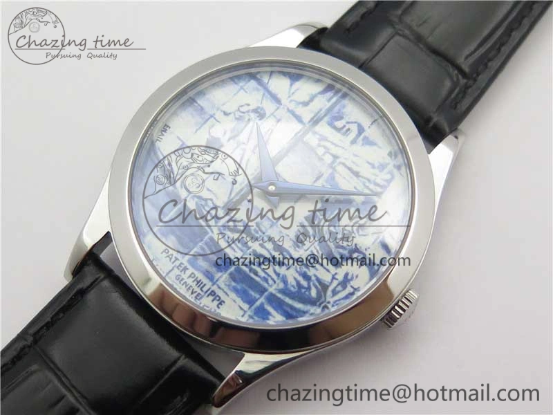Calatrava Azulejos SS 5089G-62 FL Enamel Dial on Black Leather Strap