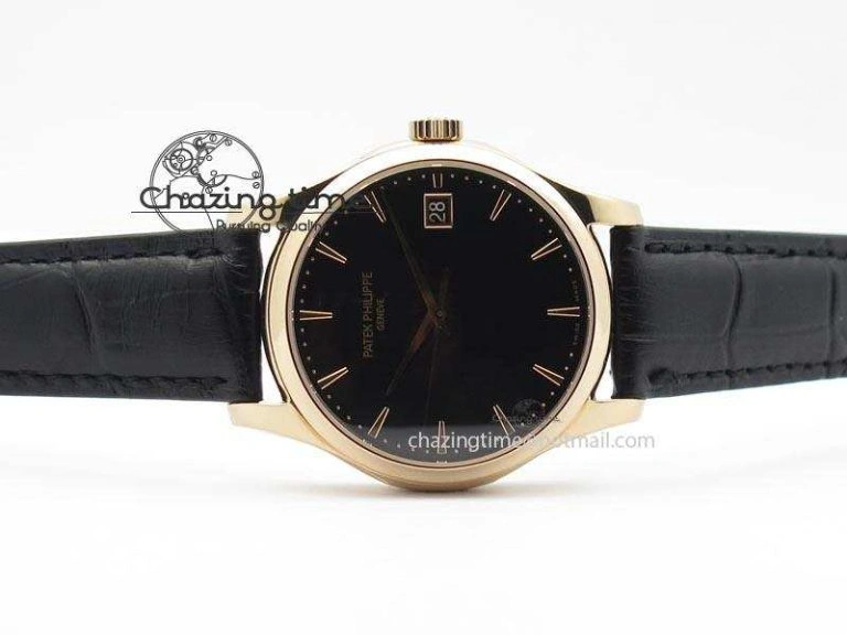 Calatrava Officer RG Bp Maker Best Edition Black Dial On Black Leather Strap MIYOTA 9015
