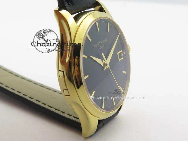 Calatrava Officer YG Bp Maker Best Edition Black Dial On Black Leather Strap MIYOTA 9015