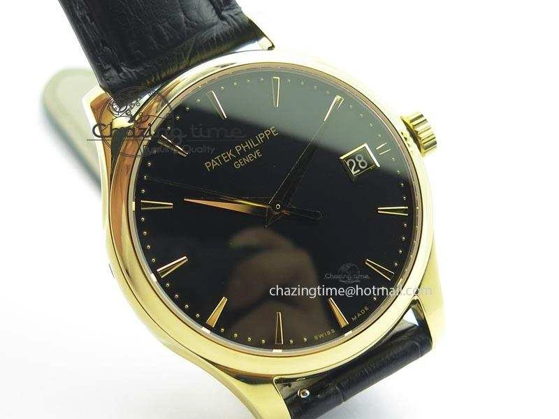 Calatrava Officer YG Bp Maker Best Edition Black Dial On Black Leather Strap MIYOTA 9015