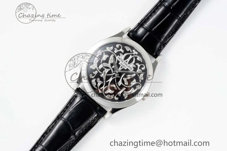 Calatrava SS FLF Best Edition Black Silver Dial Style 1 on Black Leather Strap A240 (Micro Rotor)