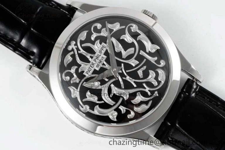 Calatrava SS FLF Best Edition Black Silver Dial Style 1 on Black Leather Strap A240 (Micro Rotor)