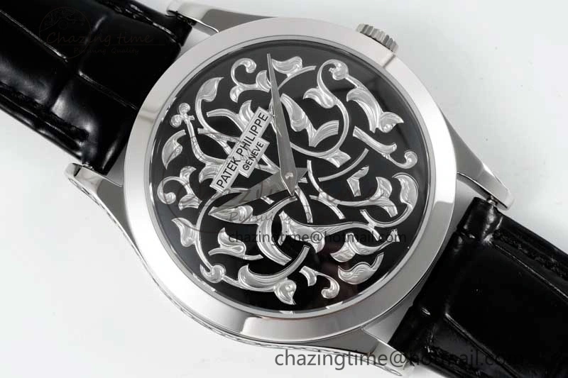 Calatrava SS FLF Best Edition Black Silver Dial Style 1 on Black Leather Strap A240 (Micro Rotor)