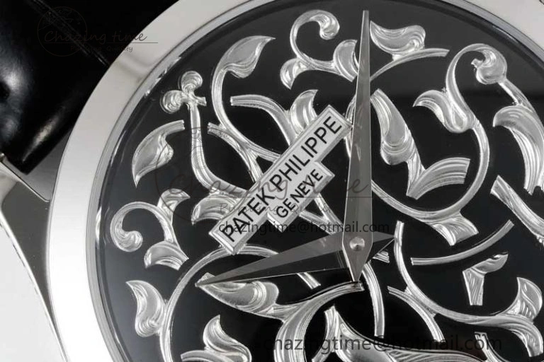 Calatrava SS FLF Best Edition Black Silver Dial Style 1 on Black Leather Strap A240 (Micro Rotor)