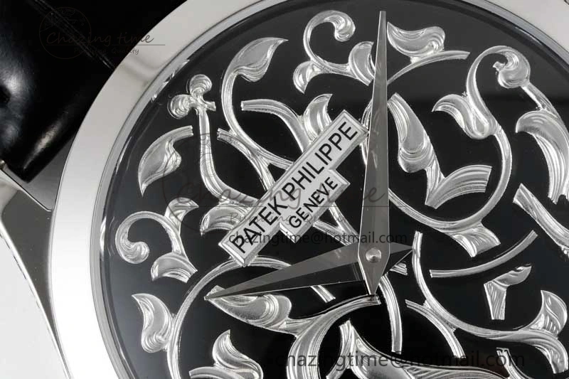 Calatrava SS FLF Best Edition Black Silver Dial Style 1 on Black Leather Strap A240 (Micro Rotor)