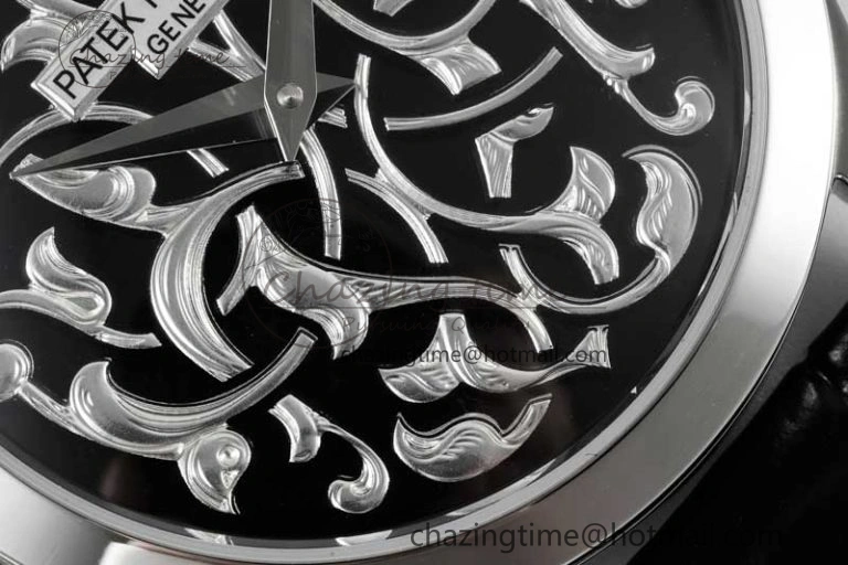 Calatrava SS FLF Best Edition Black Silver Dial Style 1 on Black Leather Strap A240 (Micro Rotor)