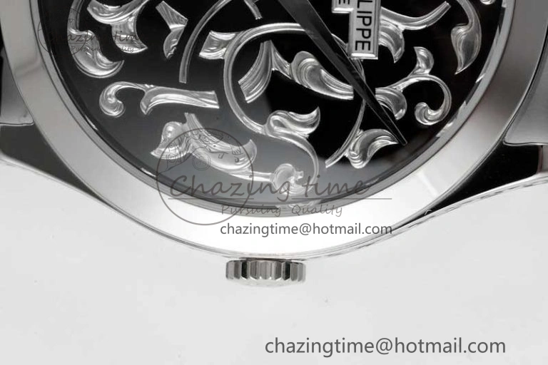 Calatrava SS FLF Best Edition Black Silver Dial Style 1 on Black Leather Strap A240 (Micro Rotor)
