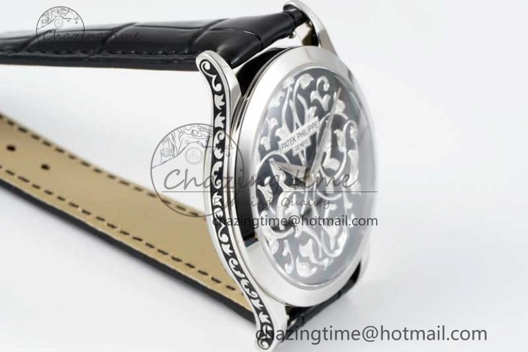Calatrava SS FLF Best Edition Black Silver Dial Style 1 on Black Leather Strap A240 (Micro Rotor)