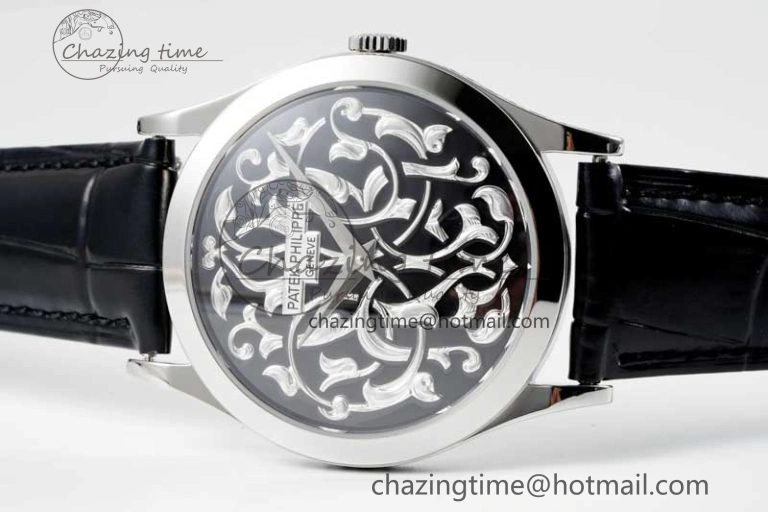 Calatrava SS FLF Best Edition Black Silver Dial Style 1 on Black Leather Strap A240 (Micro Rotor)