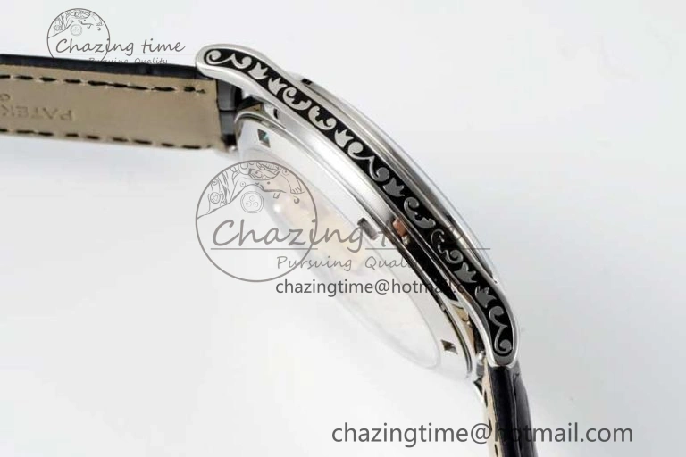 Calatrava SS FLF Best Edition Black Silver Dial Style 1 on Black Leather Strap A240 (Micro Rotor)