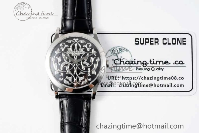 Calatrava SS FLF Best Edition Black Silver Dial Style 1 on Black Leather Strap A240 (Micro Rotor)