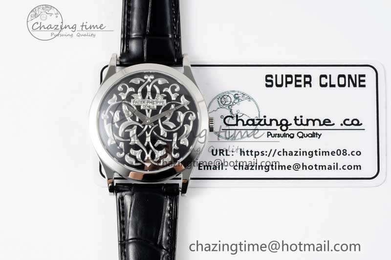 Calatrava SS FLF Best Edition Black Silver Dial Style 1 on Black Leather Strap A240 (Micro Rotor)