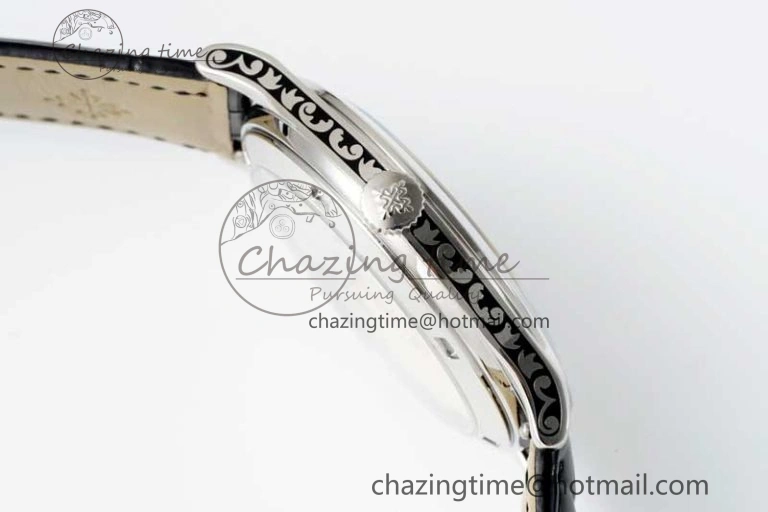Calatrava SS FLF Best Edition Black Silver Dial Style 1 on Black Leather Strap A240 (Micro Rotor)