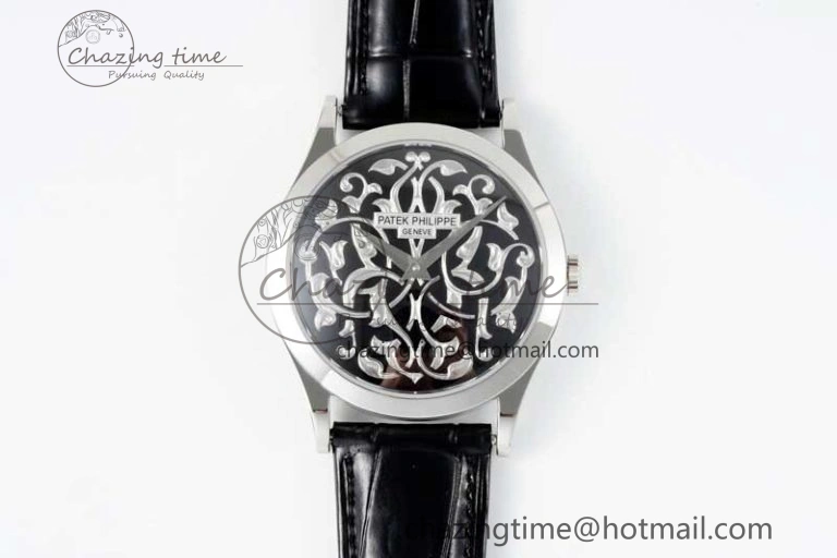 Calatrava SS FLF Best Edition Black Silver Dial Style 1 on Black Leather Strap A240 (Micro Rotor)