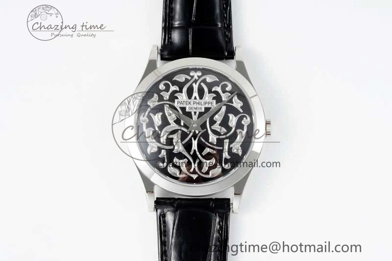 Calatrava SS FLF Best Edition Black Silver Dial Style 1 on Black Leather Strap A240 (Micro Rotor)