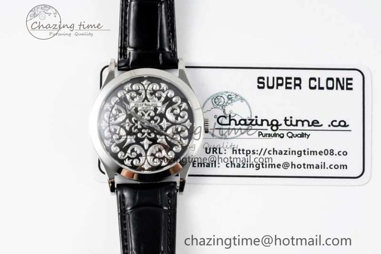 Calatrava SS FLF Best Edition Black Silver Dial Style 2 on Black Leather Strap A240 (Micro Rotor)