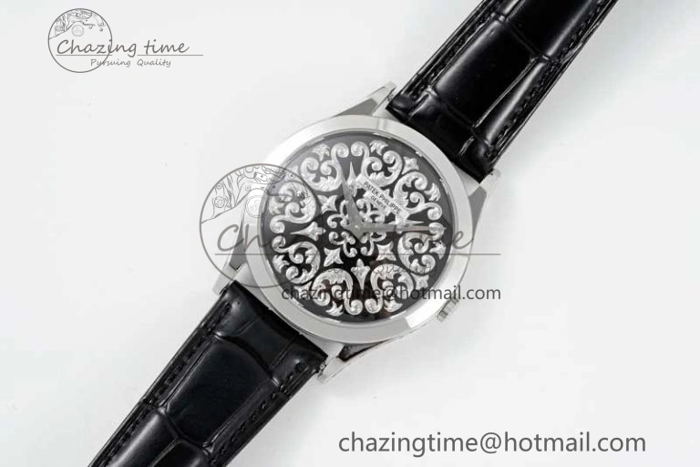 Calatrava SS FLF Best Edition Black Silver Dial Style 2 on Black Leather Strap A240 (Micro Rotor)