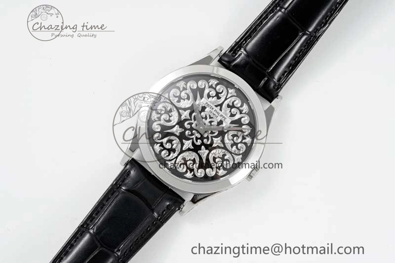 Calatrava SS FLF Best Edition Black Silver Dial Style 2 on Black Leather Strap A240 (Micro Rotor)
