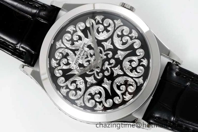 Calatrava SS FLF Best Edition Black Silver Dial Style 2 on Black Leather Strap A240 (Micro Rotor)