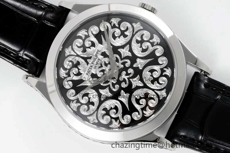Calatrava SS FLF Best Edition Black Silver Dial Style 2 on Black Leather Strap A240 (Micro Rotor)