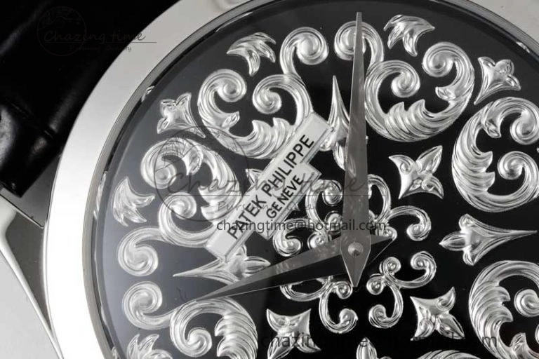 Calatrava SS FLF Best Edition Black Silver Dial Style 2 on Black Leather Strap A240 (Micro Rotor)