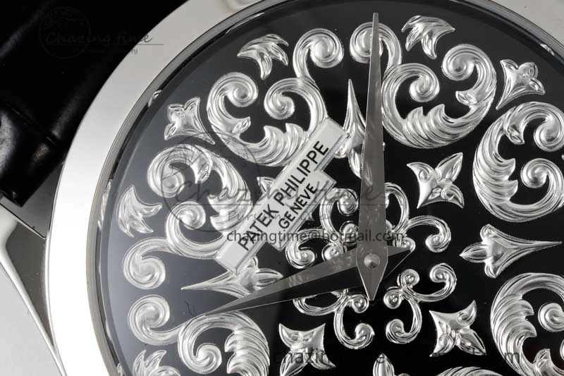 Calatrava SS FLF Best Edition Black Silver Dial Style 2 on Black Leather Strap A240 (Micro Rotor)