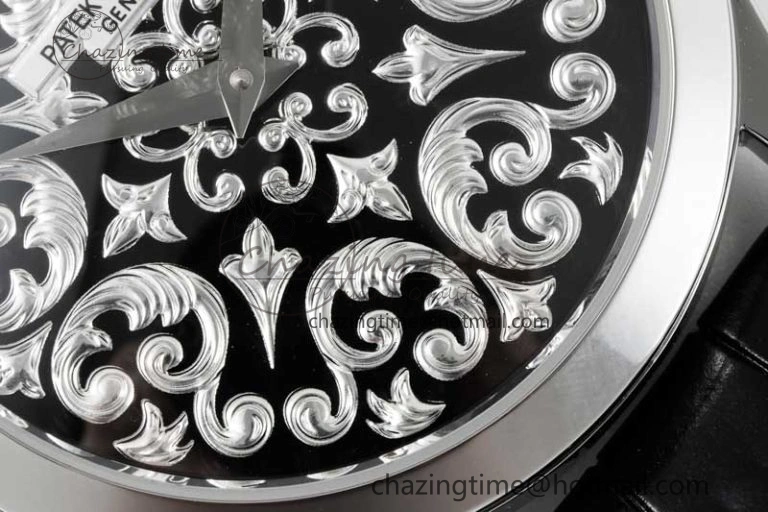 Calatrava SS FLF Best Edition Black Silver Dial Style 2 on Black Leather Strap A240 (Micro Rotor)