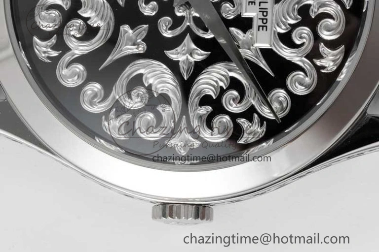 Calatrava SS FLF Best Edition Black Silver Dial Style 2 on Black Leather Strap A240 (Micro Rotor)