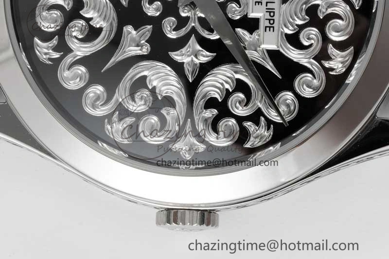 Calatrava SS FLF Best Edition Black Silver Dial Style 2 on Black Leather Strap A240 (Micro Rotor)
