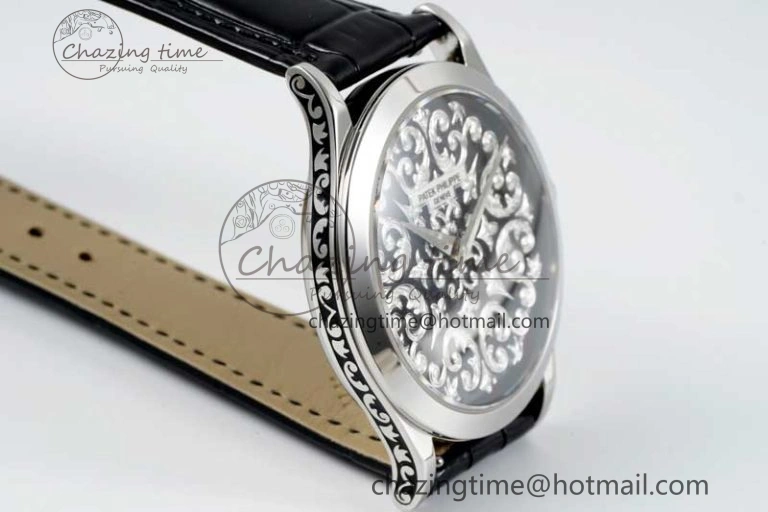 Calatrava SS FLF Best Edition Black Silver Dial Style 2 on Black Leather Strap A240 (Micro Rotor)