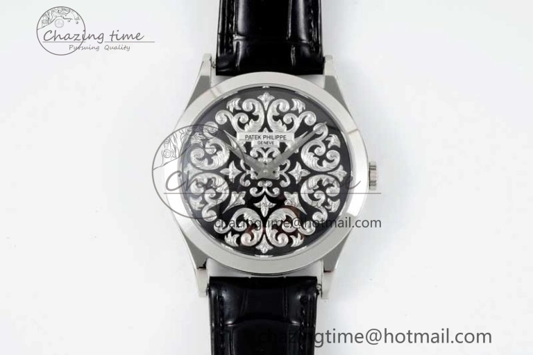 Calatrava SS FLF Best Edition Black Silver Dial Style 2 on Black Leather Strap A240 (Micro Rotor)