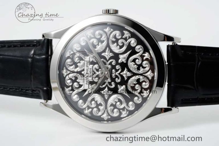 Calatrava SS FLF Best Edition Black Silver Dial Style 2 on Black Leather Strap A240 (Micro Rotor)