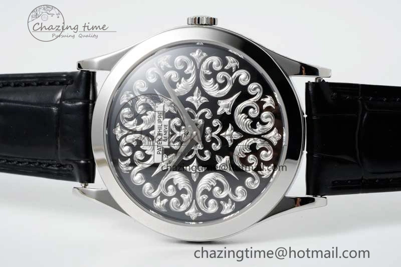 Calatrava SS FLF Best Edition Black Silver Dial Style 2 on Black Leather Strap A240 (Micro Rotor)