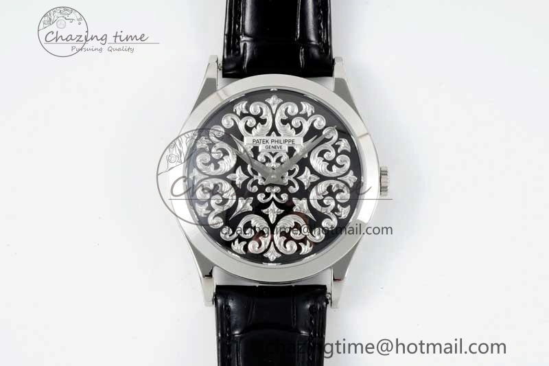 Calatrava SS FLF Best Edition Black Silver Dial Style 2 on Black Leather Strap A240 (Micro Rotor)