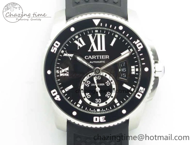 Calibre De Cartier Diver Black JF 1:1 Best Edition On Black Rubber Strap A23J