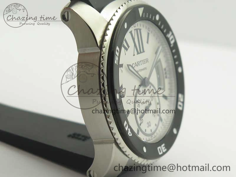 Calibre De Cartier Diver Black JF 1:1 Best Edition White Dial On Black Rubber Strap A23J
