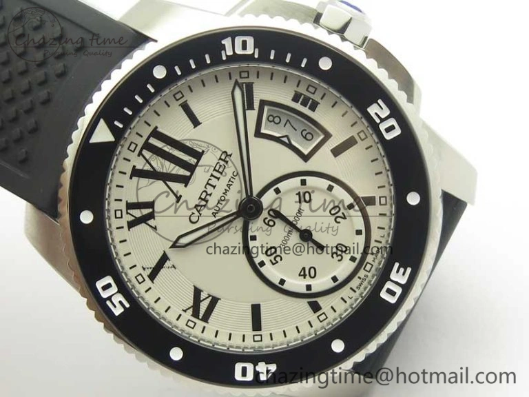 Calibre De Cartier Diver Black JF 1:1 Best Edition White Dial On Black Rubber Strap A23J