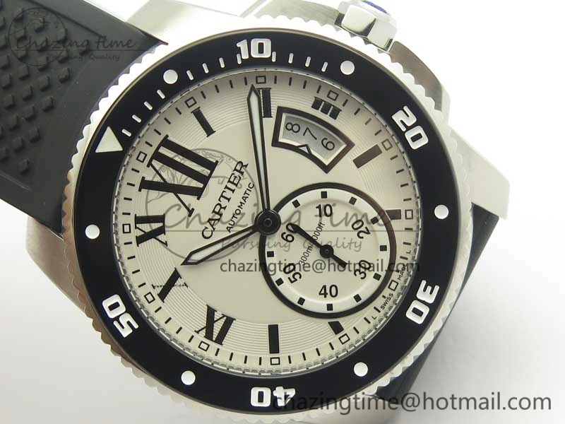 Calibre De Cartier Diver Black JF 1:1 Best Edition White Dial On Black Rubber Strap A23J
