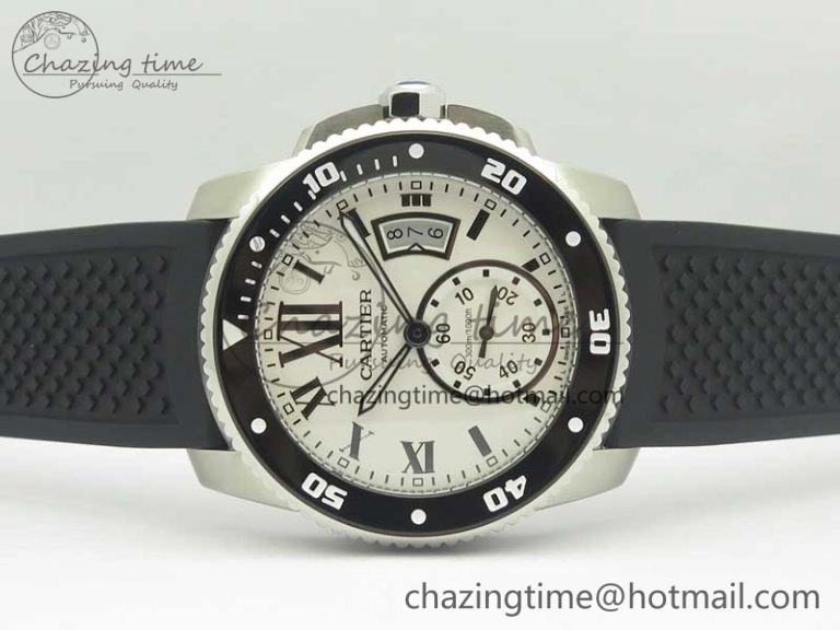 Calibre De Cartier Diver Black JF 1:1 Best Edition White Dial On Black Rubber Strap A23J
