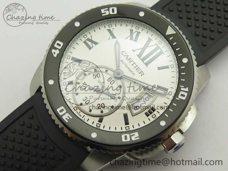 Calibre De Cartier Diver Black JF 1:1 Best Edition White Dial On Black Rubber Strap A23J