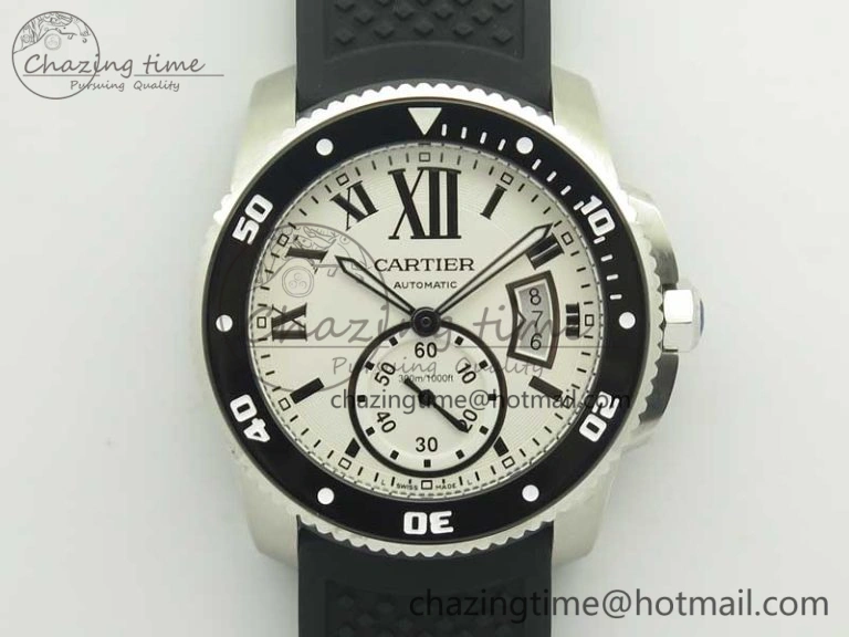 Calibre De Cartier Diver Black JF 1:1 Best Edition White Dial On Black Rubber Strap A23J