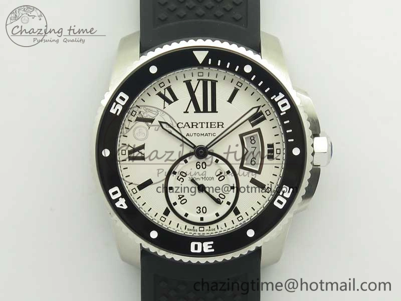 Calibre De Cartier Diver Black JF 1:1 Best Edition White Dial On Black Rubber Strap A23J